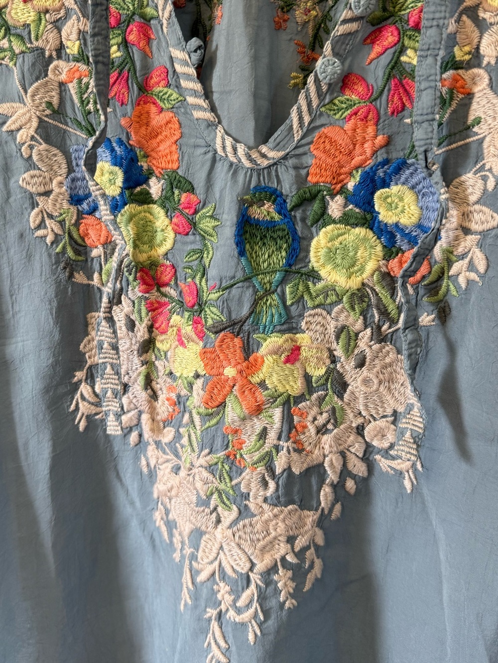 Johnny Was Taifa Blouse Blue Embroidered Bird Floral Peasant Boho Large Coastal - Picture 13 of 14